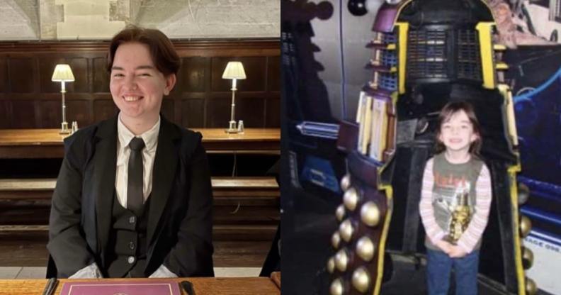 On the left: Mara Harris sits opposite a table. On the right: A young Mara Harris in a Darlek