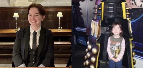 On the left: Mara Harris sits opposite a table. On the right: A young Mara Harris in a Darlek