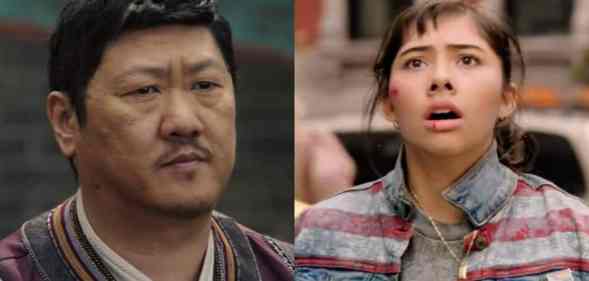 Side by side stills of Marvel characters Wong (Benedict Wong) and America Chavez (Xochitl Gomez) from the film Doctor Strange in the Multiverse of Madness