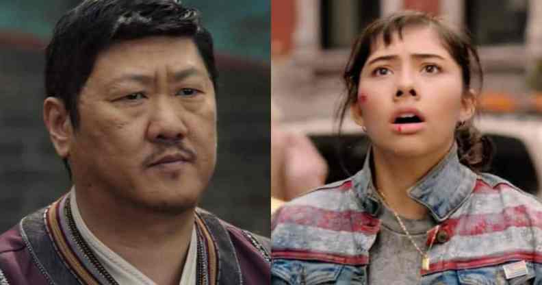 Side by side stills of Marvel characters Wong (Benedict Wong) and America Chavez (Xochitl Gomez) from the film Doctor Strange in the Multiverse of Madness