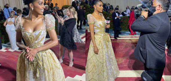 Side by side pictures of Genesis Camila Suero as she reported on the Met Gala red carpet for Telemundo