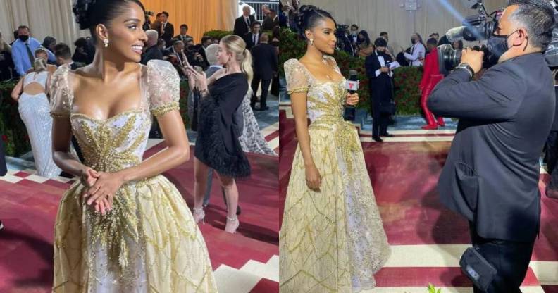 Side by side pictures of Genesis Camila Suero as she reported on the Met Gala red carpet for Telemundo