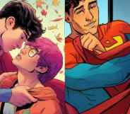 Side by side images of Jon Kent, Superman of Earth, with his boyfriend Jay Nakamura alongside an image of Jon receiving a new cape from Jay