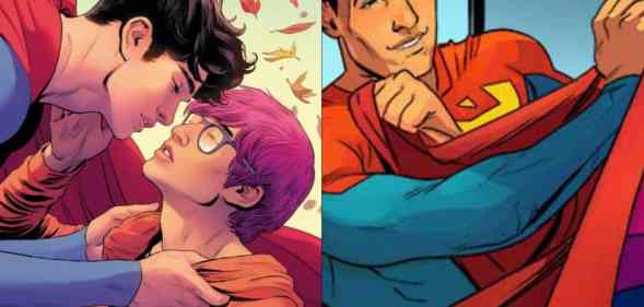 Side by side images of Jon Kent, Superman of Earth, with his boyfriend Jay Nakamura alongside an image of Jon receiving a new cape from Jay