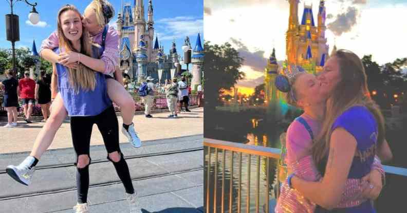 Side by side images of JoJo Siwa and Kylie Prew embracing each other while on a trip to Disney