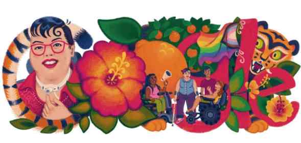 A Google doodle honours Stacey Park Milbern with a doodle that features a picture of the late disability justice advocate, flowers, a progressive Pride flag