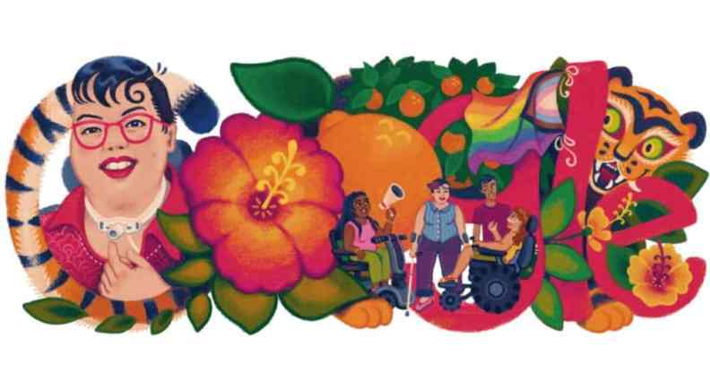A Google doodle honours Stacey Park Milbern with a doodle that features a picture of the late disability justice advocate, flowers, a progressive Pride flag