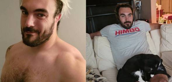 Side by side images of Max Zero including a shirtless picture and a picture of him lounging on a sofa with a shirt that reads 'himbo' and a cat on his lap