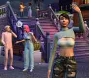 A still of many characters from The Sims 4 interacting in an outside setting