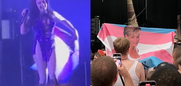 A still of Charli XCX wrapping a trans Pride flag over herself and a photo of a trans Pride flag with Princess Diana printed on it being held by a fan