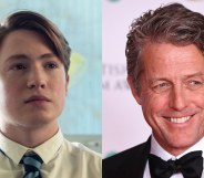 On the left: Kit Connor in Heartstopper. On the right: Hugh Grant on the red carpet.