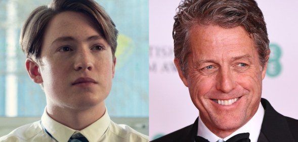 On the left: Kit Connor in Heartstopper. On the right: Hugh Grant on the red carpet.