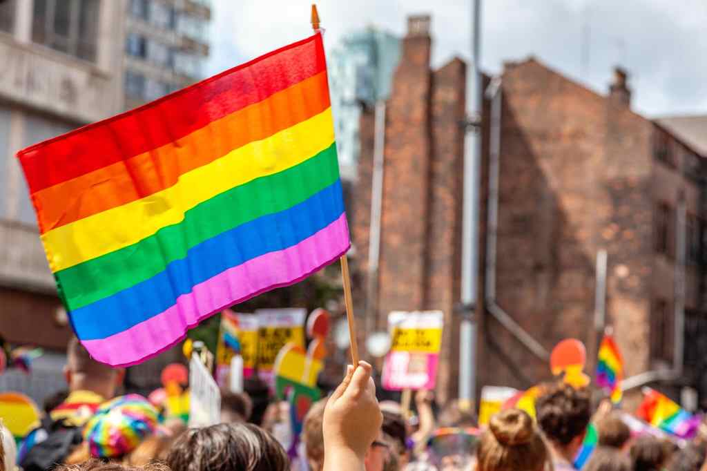 A photo of a Pride parade showing flags with rainbow colours being held