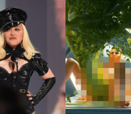 Madonna wearing a black cap and black corset / An avatar of Madonna giving birth to a tree