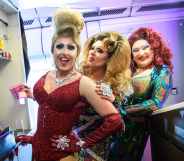 Drag stars Tess Tickle, Emma Royed and Miss Cara on the Virgin Atlantic and Virgin Holidays Pride Flight from London to New York