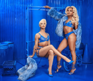 Drag Race icons Brooke Lynn Hytes and Vanessa Vanjie Mateo star in Bluebella's Pride campaign. (Bluebella)