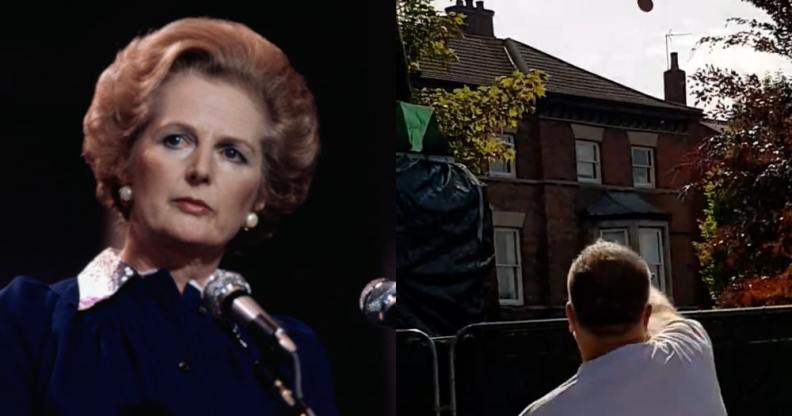 A headshot of Margaret Thatcher and a video of a man lobbing an egg at a statue in her likeness
