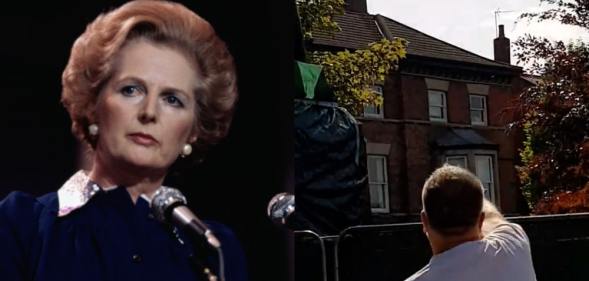 A headshot of Margaret Thatcher and a video of a man lobbing an egg at a statue in her likeness