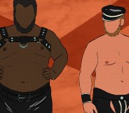 An illustration of two men wearing leather trousers, one wearing a harness