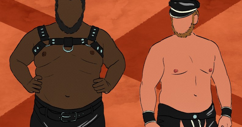 An illustration of two men wearing leather trousers, one wearing a harness