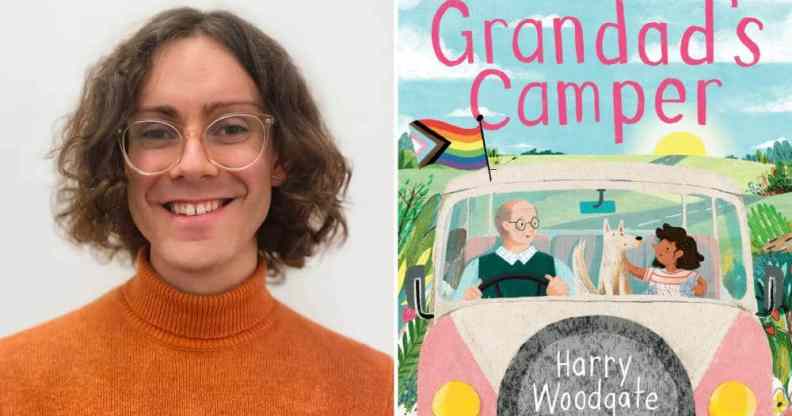 Side by side images of Harry Woodgate author and illustrator wearing an orange turtleneck top and clear framed glasses. On the right sign is an image of the cover of their illustrated children's book titled Grandad's Camper which features a drawing of an older man and his granddaughter in a pink and white van with a progressive Pride flag hanging out one side of the car