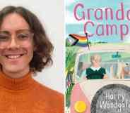 Side by side images of Harry Woodgate author and illustrator wearing an orange turtleneck top and clear framed glasses. On the right sign is an image of the cover of their illustrated children's book titled Grandad's Camper which features a drawing of an older man and his granddaughter in a pink and white van with a progressive Pride flag hanging out one side of the car