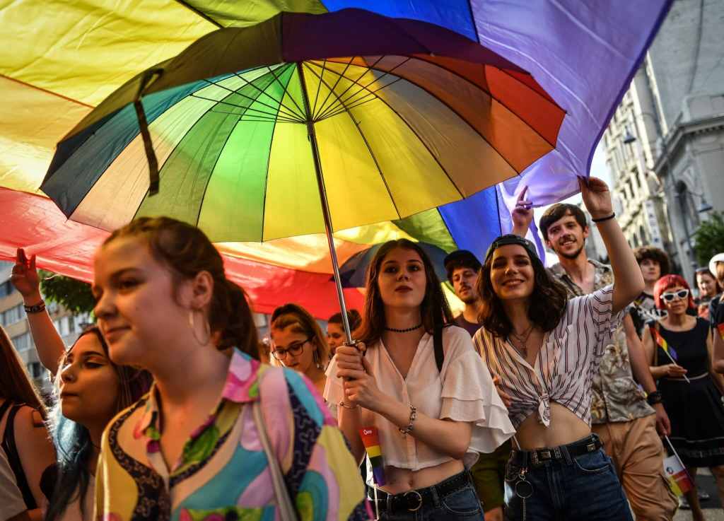 Participants take part in the LGBTQ Pride Parade downtown Bucharest
