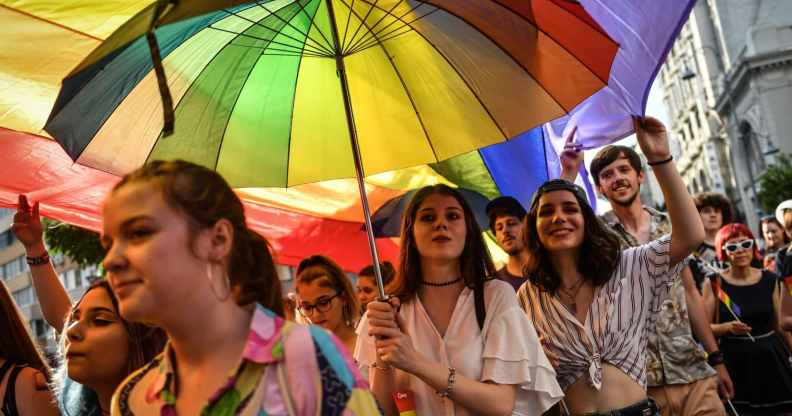 Participants take part in the LGBTQ Pride Parade downtown Bucharest