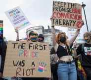 Activists protest against the British government's botched conversion therapy ban