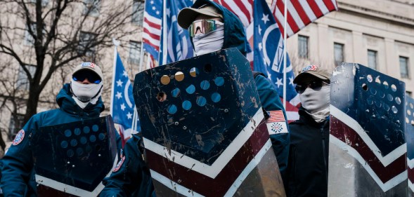 Patriot Front participate in an anti-abortion march in January 2022 in Washington, DC