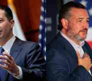 Side by side images of Pete Buttigieg and Ted Cruz. On the left, Pete Buttigieg wears a white button up shirt, tie and grey jacket as he gestures with one hand raised and speaks before a crowd. In the image on the right, Ted Cruz wears a white button up shirt and blue suit jacket as he holds one hand over his chest and holds a microphone that he is speaking into while an American flag can be seen in the background