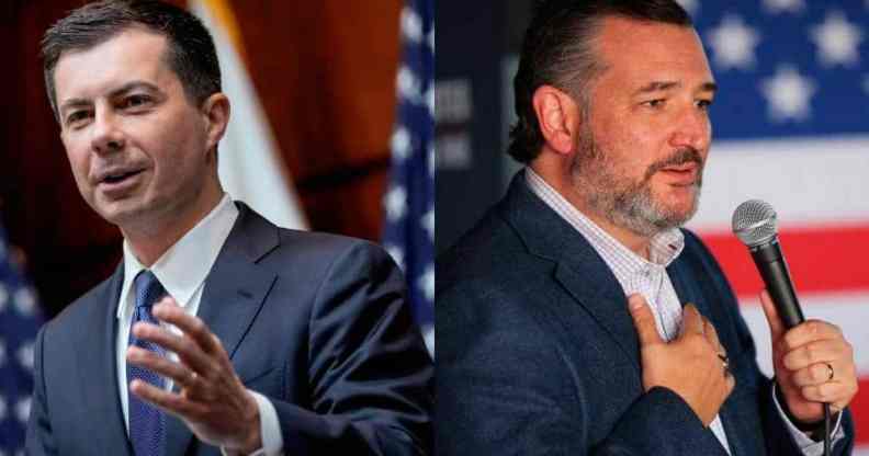 Side by side images of Pete Buttigieg and Ted Cruz. On the left, Pete Buttigieg wears a white button up shirt, tie and grey jacket as he gestures with one hand raised and speaks before a crowd. In the image on the right, Ted Cruz wears a white button up shirt and blue suit jacket as he holds one hand over his chest and holds a microphone that he is speaking into while an American flag can be seen in the background