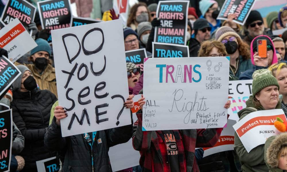 Several people protest in support of trans rights and condemning trans sports bans bills popping up across the US. One person carries a sign reading 'Do you see me?' while the person nexts to them has a sign reading 'Trans rights'. In the background, several people are holding 'Trans rights are human rights' jackets