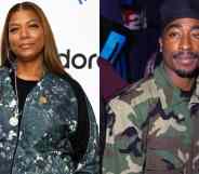 Side by side images of Queen Latifah wearing a floral print zip-up top and 2Pac wearing a camouflage top