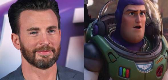 In the image on the left, Christ Evans smiles at the camera while wearing a blue shirt and blue-grey coat and is standing in front of a purple background. In the image on the right, the fictional character Buzz Lightyear, a space explorer, wears a spacesuit with a green panel on the from and a clear half circle helmet