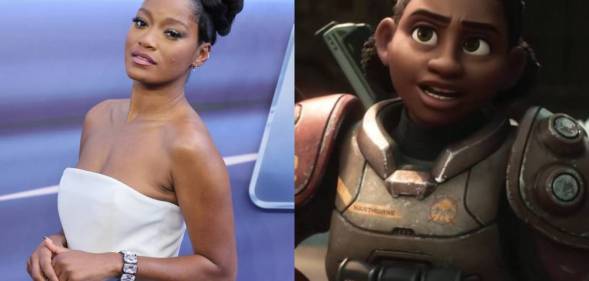 side by side images of Keke Palmer wearing a white dress at the premiere of Lightyear and her Lightyear character Izzy Hawthorne who is wearing an aged grey and red space suit