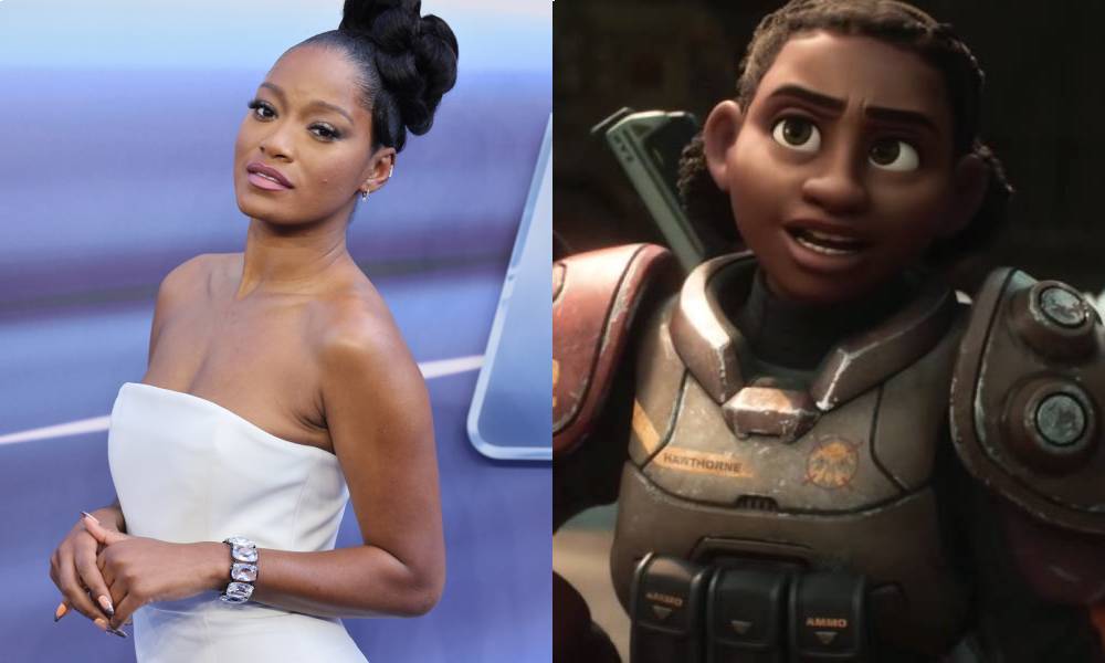 side by side images of Keke Palmer wearing a white dress at the premiere of Lightyear and her Lightyear character Izzy Hawthorne who is wearing an aged grey and red space suit