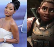 side by side images of Keke Palmer wearing a white dress at the premiere of Lightyear and her Lightyear character Izzy Hawthorne who is wearing an aged grey and red space suit