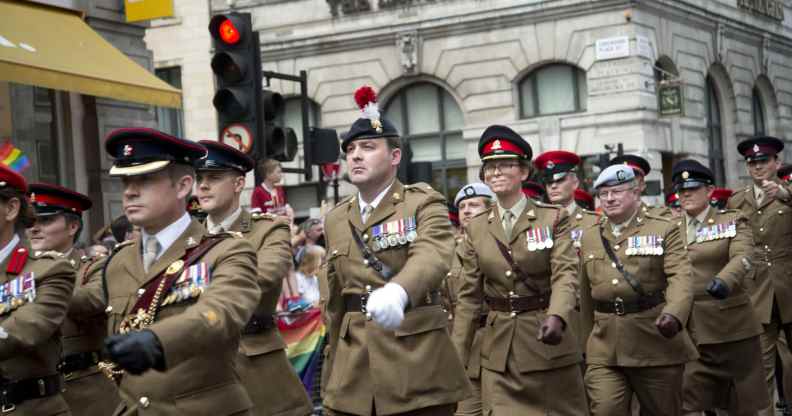 A group of British soldiers march in Pride in London parad