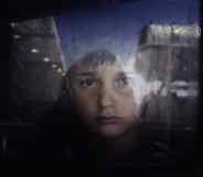A young boy looks out through a window