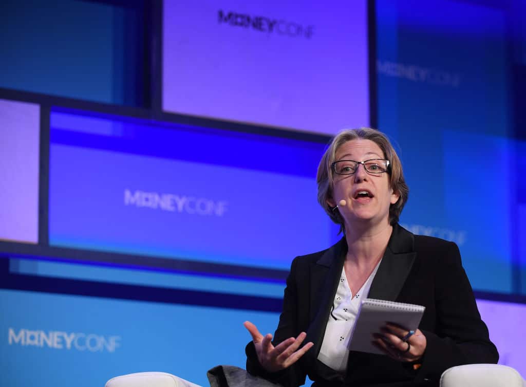 Helen Joyce speaking at MoneyConf in 2018 at the RDS Arena in Dublin.