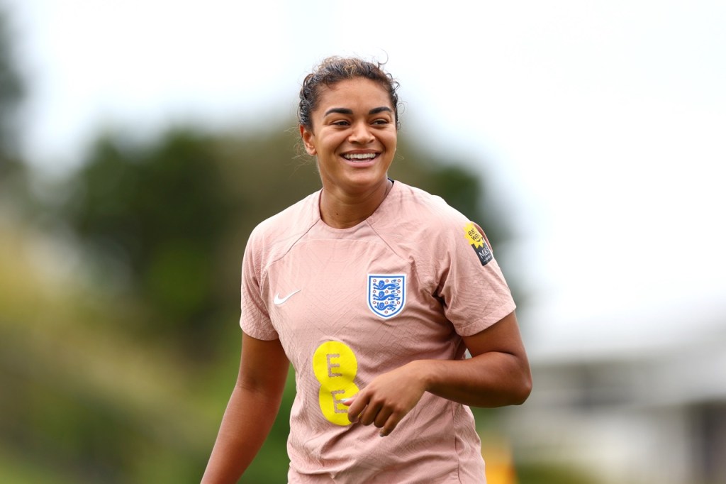 England Lioness Jess Carter reacts during a training session at Sunshine Coast Stadium on July 15, 2023 in Sunshine Coast, Australia, ahead of the FIFA Women's World Cup 2023 (Photo by Naomi Baker - The FA/The FA via Getty Images)