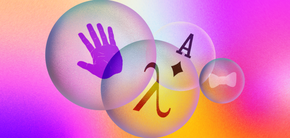 Four bubbles with: a handprint, a greek symbol, the Ace of diamonds, and a white tie