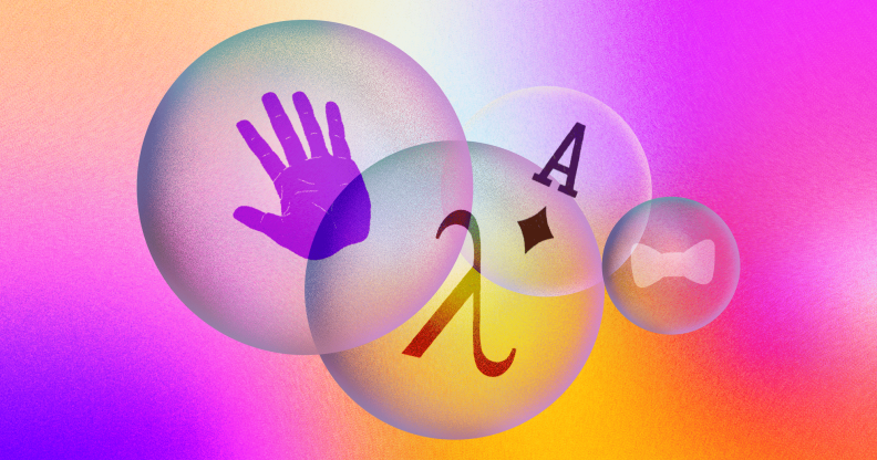 Four bubbles with: a handprint, a greek symbol, the Ace of diamonds, and a white tie