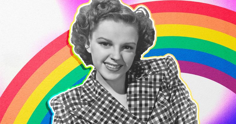 Judy Garland against a rainbow background.