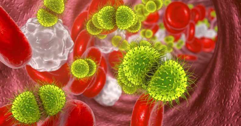 Illustration of spiky green cells among stringy-looking red cells