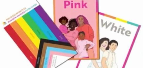 Several LGBTQ+ themed flashcards are depicted on the page. One shows the progressive Pride flag, another says pink while depicting a happy queer Black family with two children and a third depicts a pregnant short haired person being held by their partner with the word 'white' written above