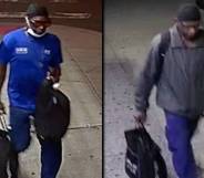 Screenshots have been displayed by Crimestoppers of a man wearing a blue short sleeve shirt and matching blue trousers carrying a bag with a white face mask and black baseball cap. In the next image, the man is wearing blue trousers and carrying a black bag but he is now wearing a grey jacket and black baseball cap. The man is a suspect in a stabbing incident on a train in New York City that officers are investigating as a hate crime