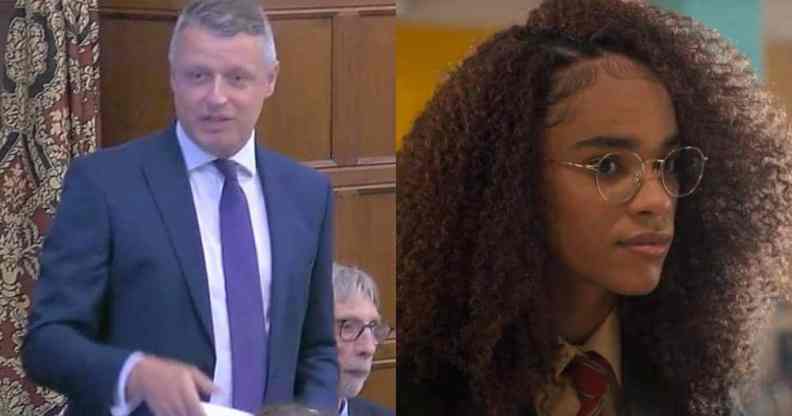 side by side images of UK Labour MP Luke Pallard who is wearing a button up shirt, tie and jacket during a House of Commons debate. In the other image, Yasmin Finney plays trans teen Elle Argent in Heartstopper the character is wearing a white button up shirt, red striped school tie and dark blazer with curly hair