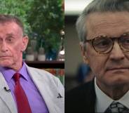Side by side images of Michael Peterson and Colin Firth in HBO Max's The Staircase. In the image on the left, Peterson wears a purple shirt, red tie and light grey jacket as he in being interviewed on This Morning. In the image on the right, Firth plays Peterson in the HBO Max series The Staircase. The actor is wearing a whit button up shirt, patterned tie and black jacket